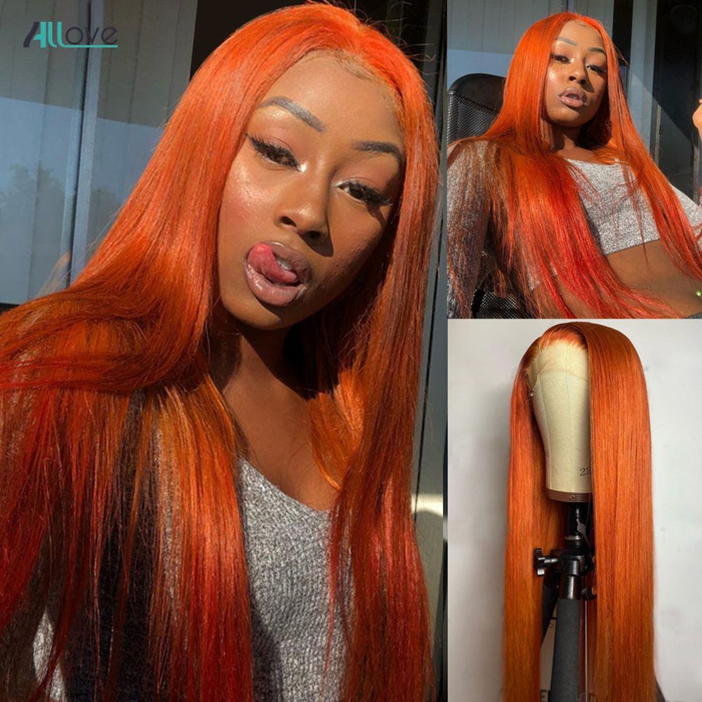 150 Density Ginger Lace Front Women's Wig Straight 100% Human Hair High  Definition Brazilian Remi Orange Lace Closed Wig Seamless Natural Hairline