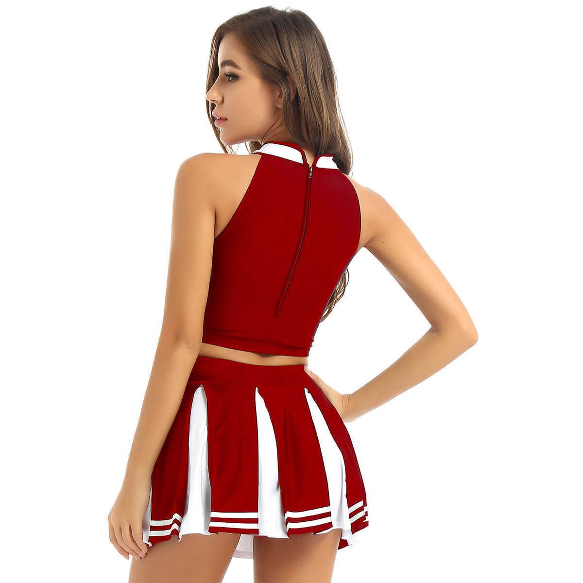 Mujeres adultos porristas uniforme uniforme traje de trabajo japonés colegiala cosplay traje sin mangas top mini Mujeres adultos porristas uniforme uniforme traje de trabajo japonés colegiala cosplay traje sin mangas top mini