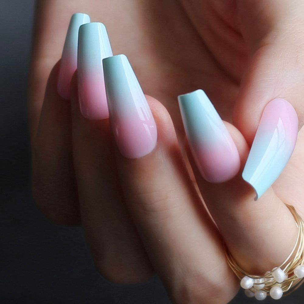 Long Pink Blue Ombre Coffin French Shiny Fake Nails Summer Lovely Salon  Glossy Ballet Nails False Nail Medium Art From Fzyiyi10, $14.44 | DHgate.Com