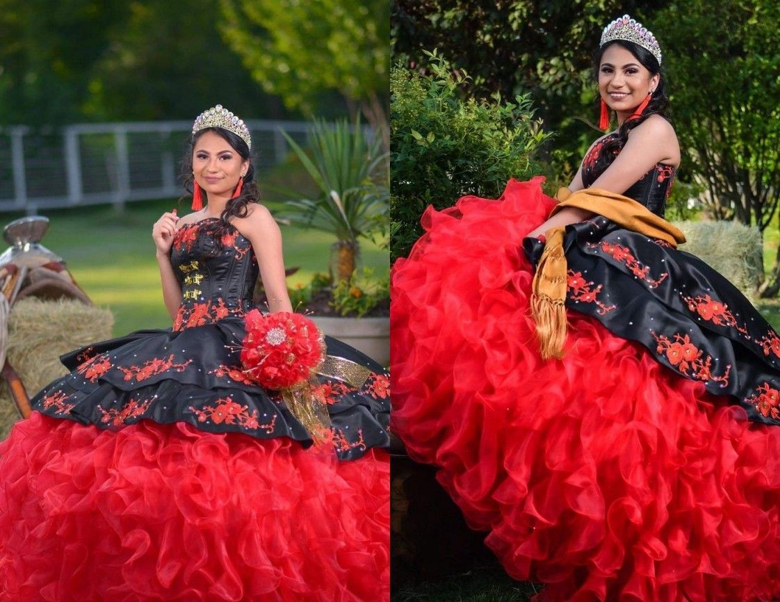 Sexy Vestido Rojo Negro Vestido De Bola Quinceanera Vestido Formal 2022 Mexicano Charro Sin Tirantes Flores Florales Modelos Ruffles Satin Orgzavestidos 15 De 147,54 € | DHgate