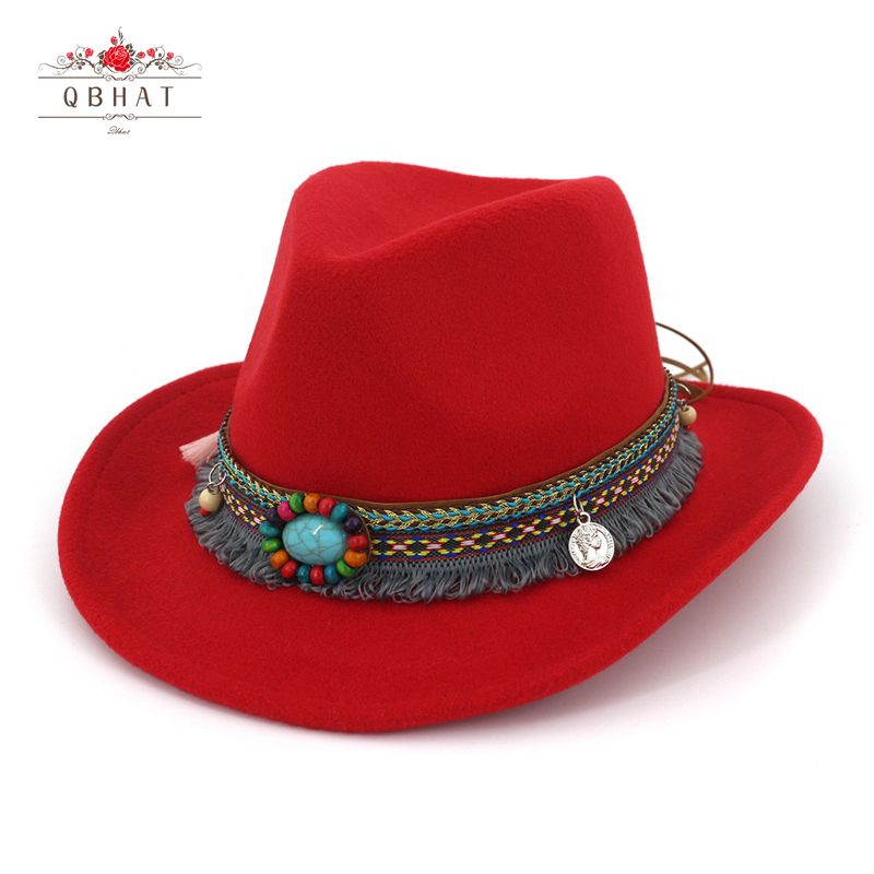 Qbhat - handgemachter Herren- und Frauenweiten-Hut, Filz Cowboyhut, Jazz, ethnisches Band, Karnevalshut, geeignet für Männer und Frauen, J0603