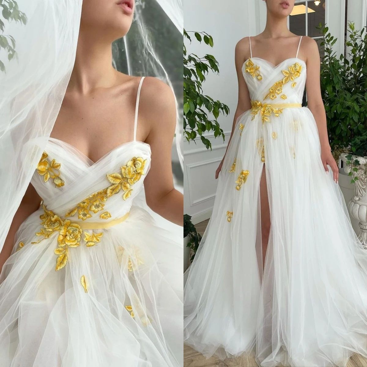 2021 Fairy Blanco Una línea Vestidos de novia con encaje amarillo Alto Spaghetti Party Party Dresses 2021 Fairy Blanco Una línea Vestidos de novia con encaje amarillo Alto Spaghetti Party Party Dresses