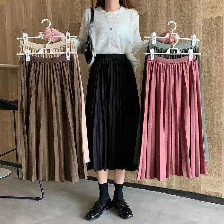 Spring Summer Pleated Skirt Japan Preppy Style Loose Elastic High