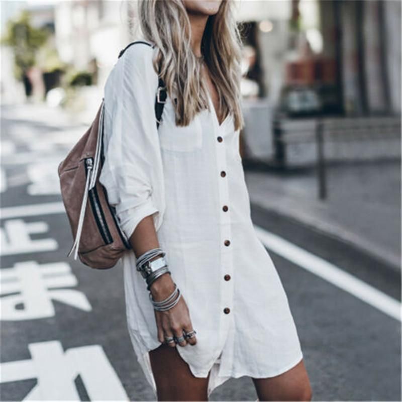 Moda de verano mujeres sueltas mini camisetas botones arriba blusa larga  vestidos de manga casual ropa