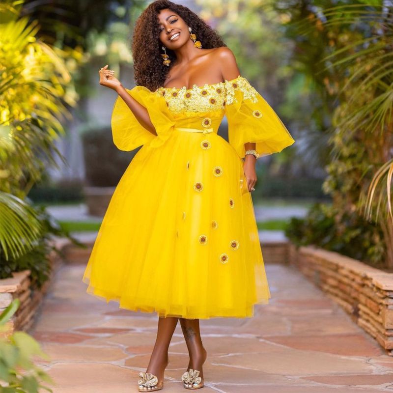 Puffy Long Sleeve Prom Dresses Yellow 