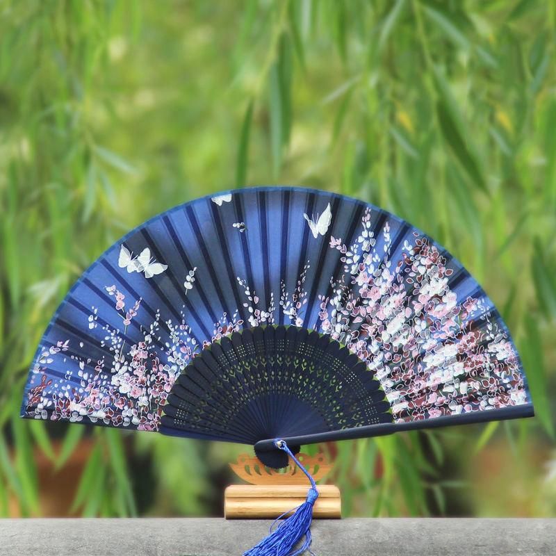 Chinese Hand Held Fan Bamboo Silk Butterfly & Flower Folding Fan Wedding Decor
