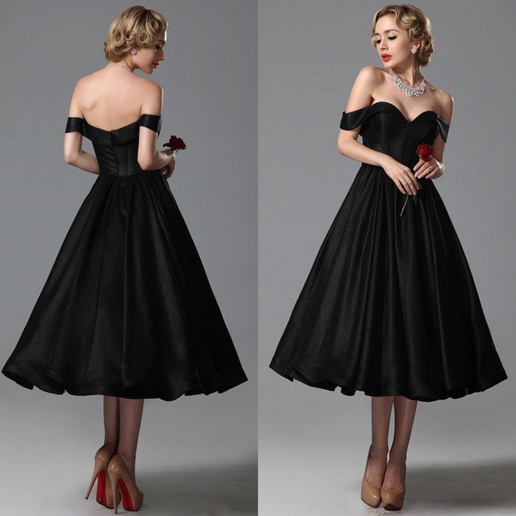 black strapless tea length dress