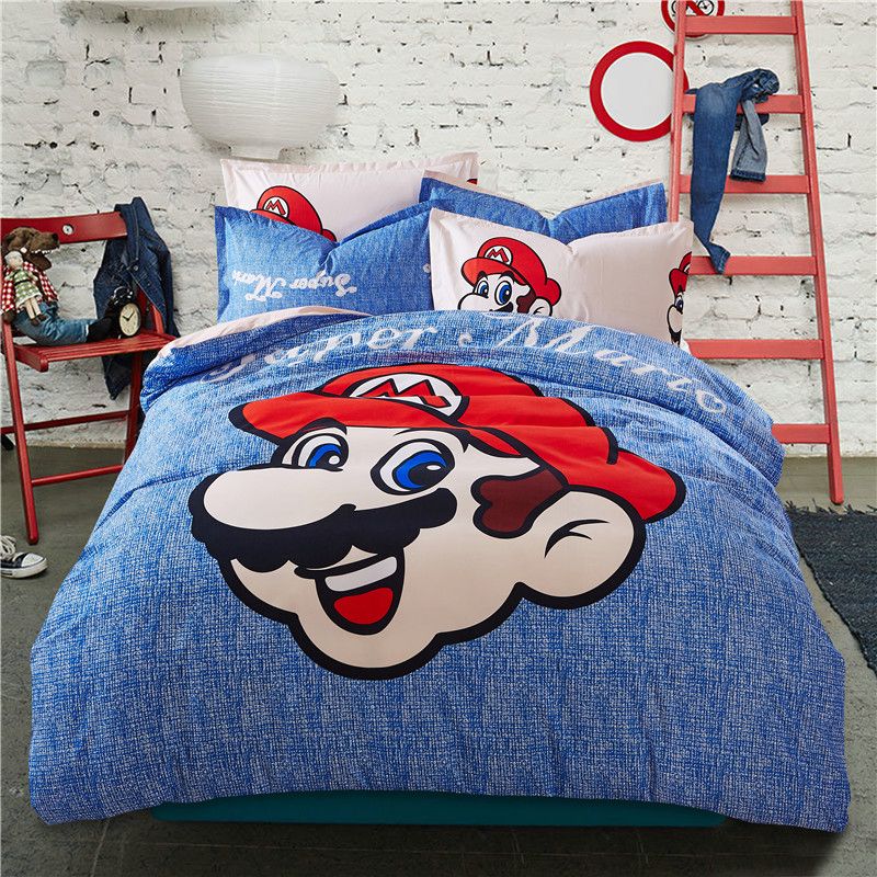 Super Mario Kids Bedding Set Blue Beige Reversible Duvet Cover