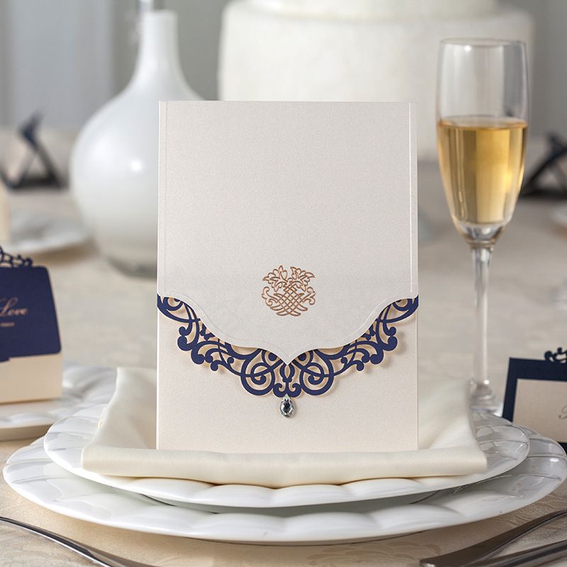Gorgeous Laser Cut Royal Blue And Pearl White With Diamond Wedding Invitation Card Hollow Flower Free Customized Print Text Text Cw502 60th Birthday Invitations Free Invitations From Happy Wedding Event 1 44 Dhgate Com