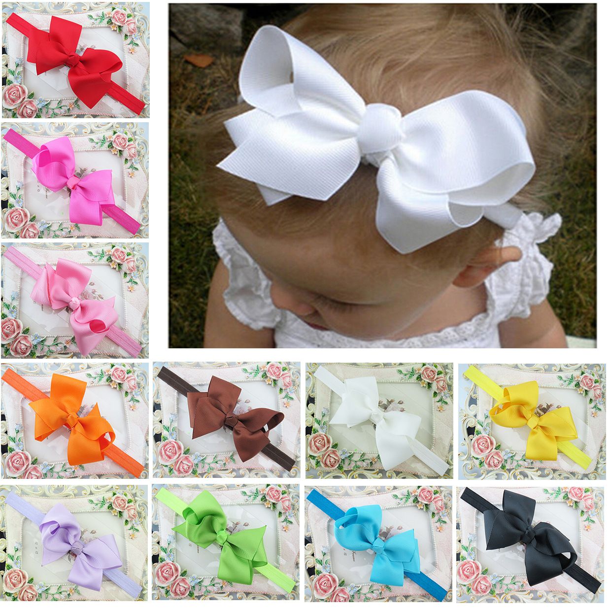Hot Sale Grosgrain Ribbon Bow Hair Headband Flower Baby Girl Headdress Accessories Orange Pink