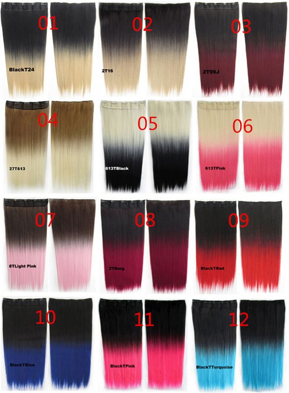 24inch 130g 5 Clips In Dip Dye Hairpieces Straight Ombre Synthetic Hair Extensions Thick Two Tone Ombre Hair Weft Sew In Hair Extensions White Girl