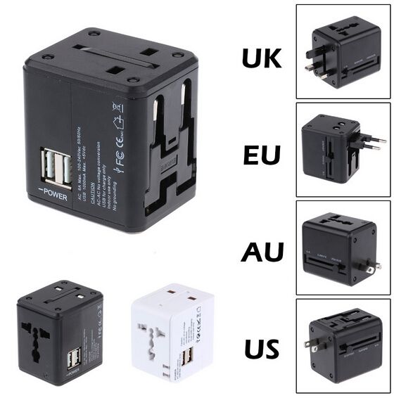 FULLBELL Worldwide All-In-One International Universal Travel Plug Adapter with EU UK US AU Dual USB Ports Wall Charger for iPhone/Smartphones/Laptops/Tablet PC White