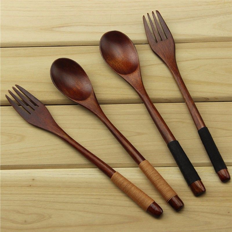 2019 Spoon Fork Wooden Flatware Set Eco Friendly Reusable Natural 2 Piece Spoon Fork Wooden Flatware Set Eco Friendly Reusable Natural Wood Dinner Salad Tea Knives Forks Sets Black Brown Line Dinnerware