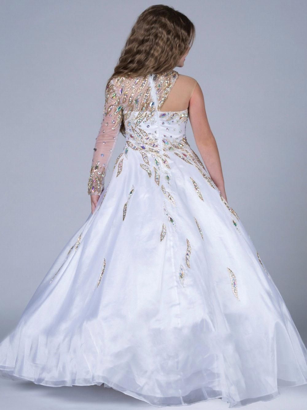 2015 White Gliter Ball Gown Girls Pageant Dresses With Single Long