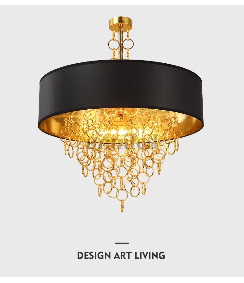Modern Chandeliers With Black Drum Shade Pendant Light Gold Rings Drops In Round Ceiling Light Fixture Llfa Semi Flush Ceiling Lights Contemporary
