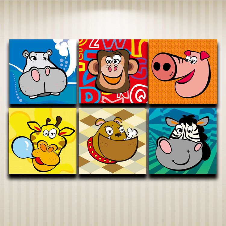 6 Panels Hippo Monkey Pig Giraffes Dog Zebra Lovely Cartoon Aminal Head Oil Painting Printed On Canvas For Home Decoration 6 Panels Hippo Monkey Pig Giraffes Dog Zebra Lovely Cartoon Aminal Head Oil Painting Printed On Canvas For Home Decoration