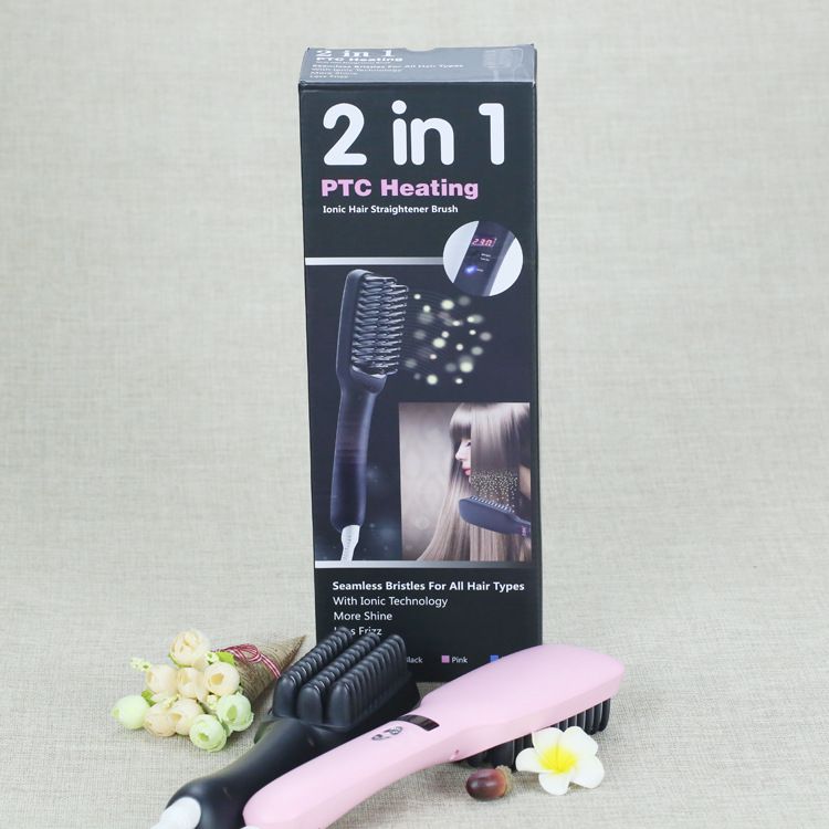2 in 1 ptc heating ionic hair straightener brush