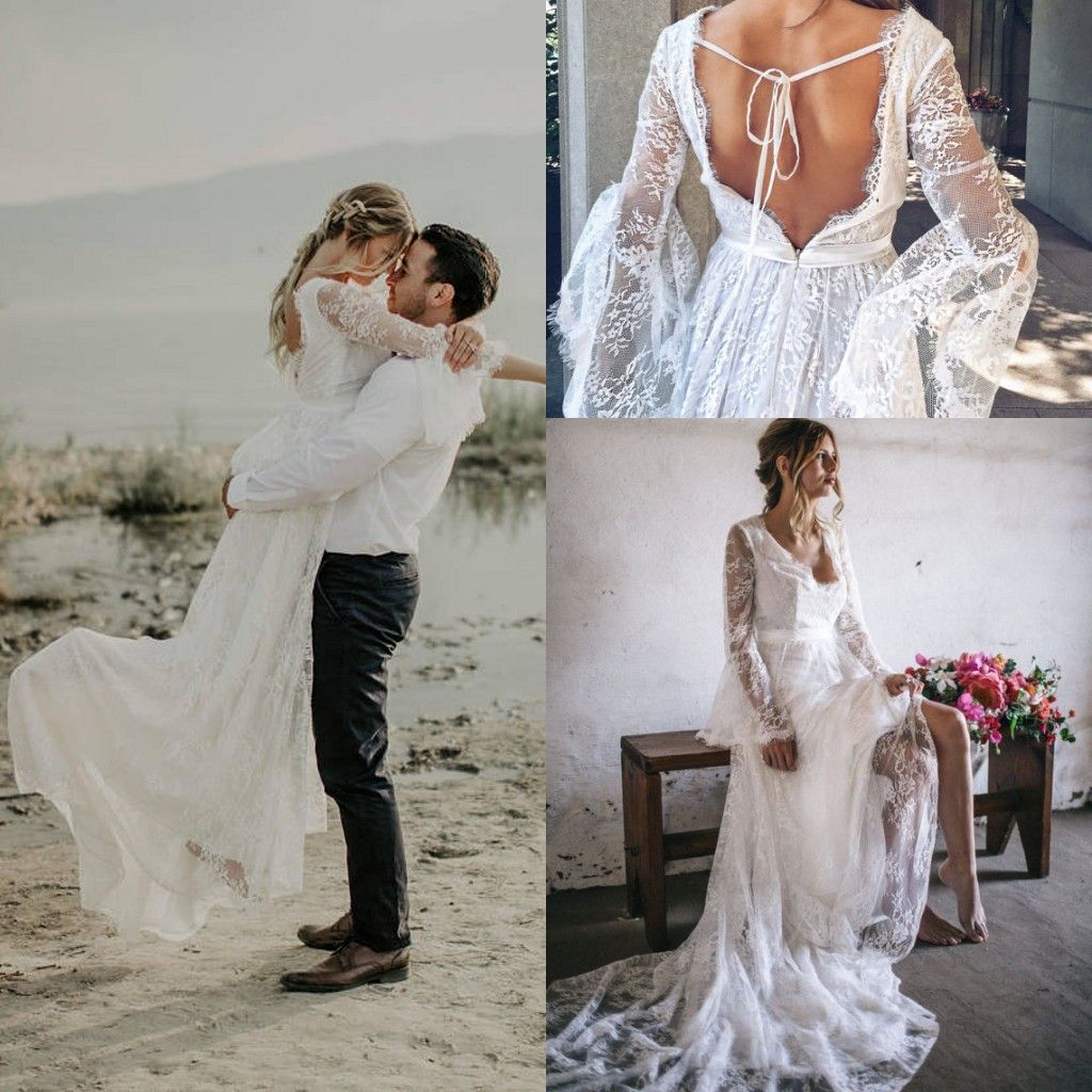 Primrose Vintage Lace Bohemian Country Long Sleeve Wedding Dresses 2018 Romantic Backless Sweep Train Garden Hippie Beach Bridal Dress Modest Sheath