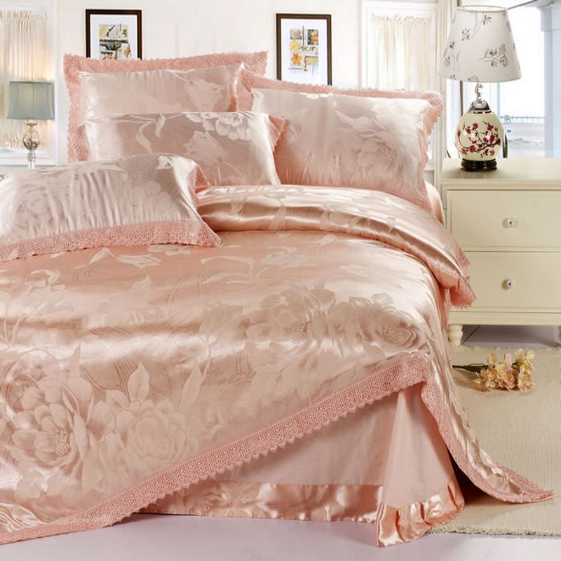 European Style Pink Jacquard Wedding Silk/Cotton King Size Bedding Set