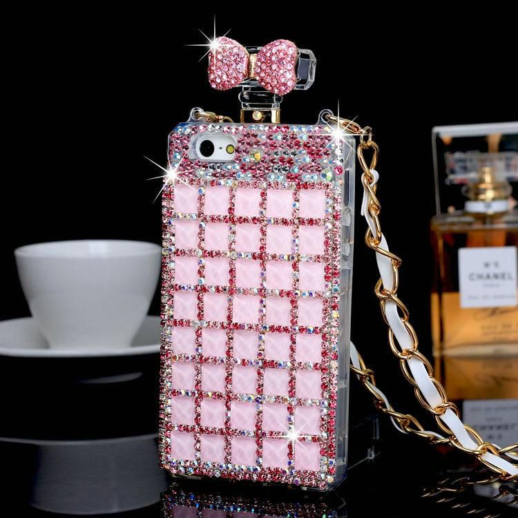 Luxury Bowknot Perfume Bottle Chain Rhinestore Cases For Iphone 4s 5s Iphone 6 Cases Iphone 6 Plus Cases Diamond Colorful Cell Phone Cases Glitter Cell Phone Cases Cell Phone Hard Cases From