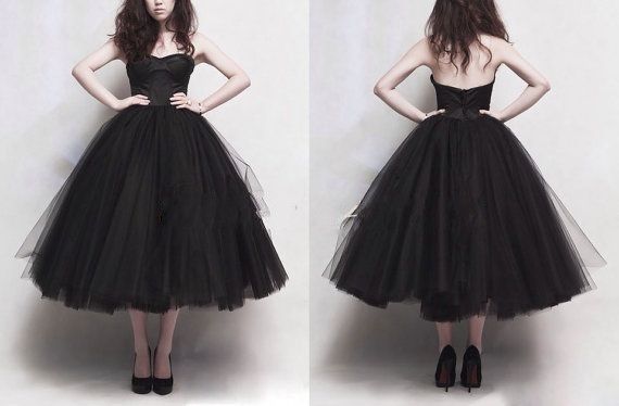 black strapless tea length dress