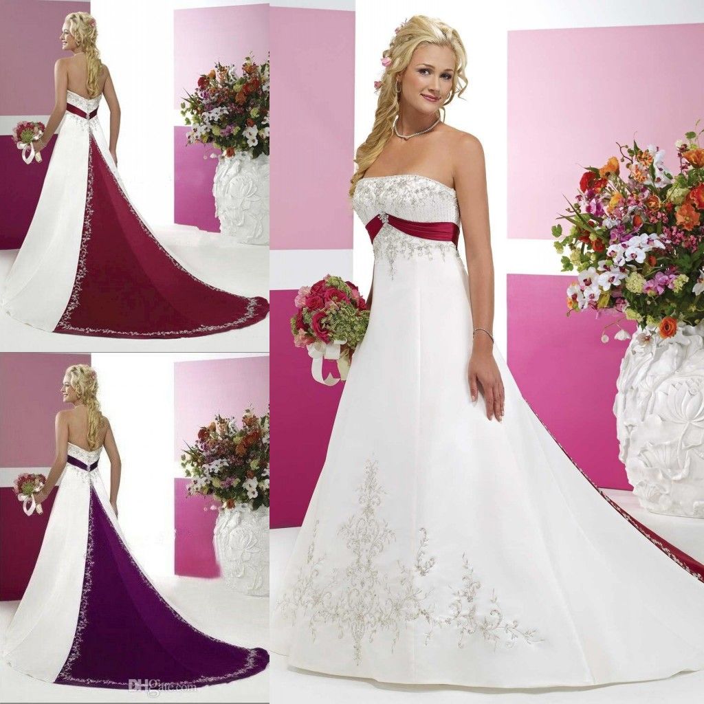 white wedding dress with red train