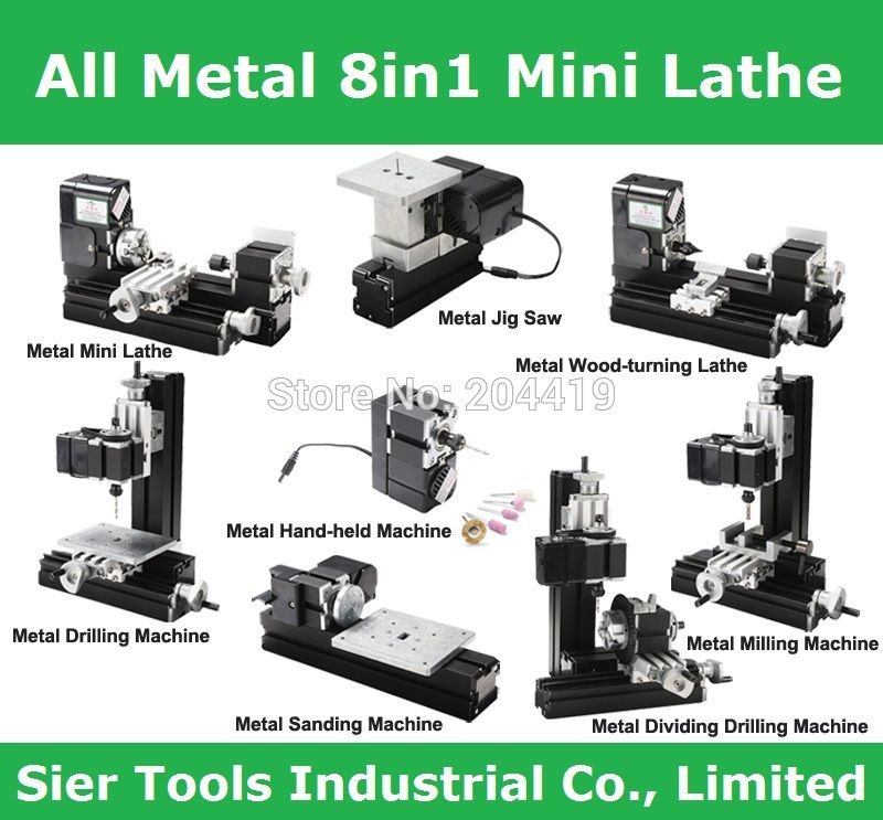 8 in 1 Mini Lathe Z8000M 24W 20000rpm Metal Lathe Machine DIY Lathe Kit 110-240V US Power Cord