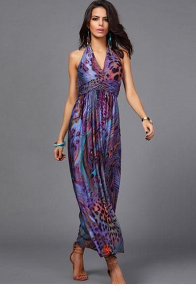 peacock print maxi dress