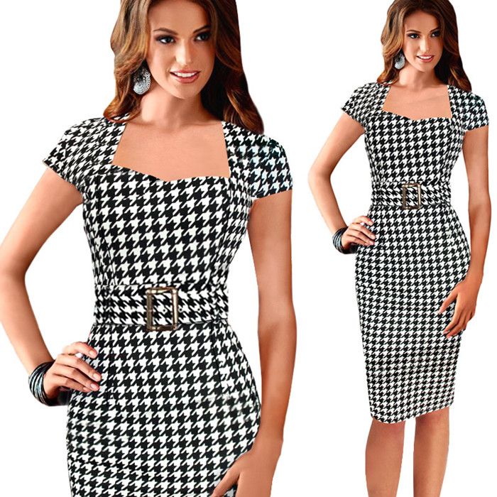 Elegante vestido de tela escocesa vestido cuello cuadrado de manga corta fiesta de baile Bodycon lápiz Elegante vestido de tela escocesa vestido cuello cuadrado de manga corta fiesta de baile Bodycon lápiz