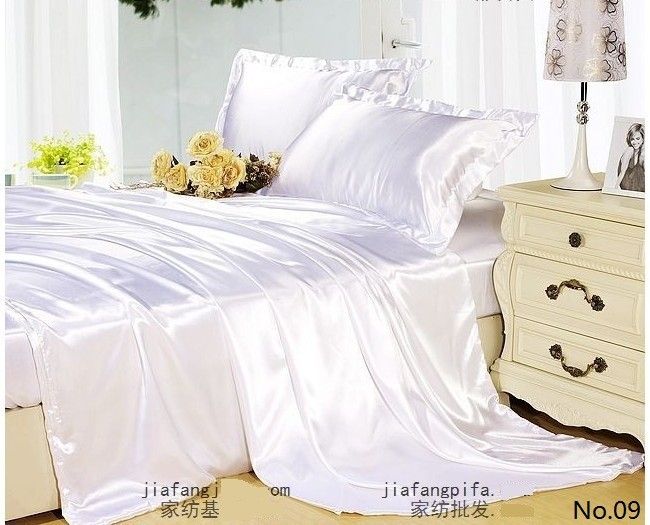 Silk Sheets Bedding Set White Cream Silk Satin Super King Size