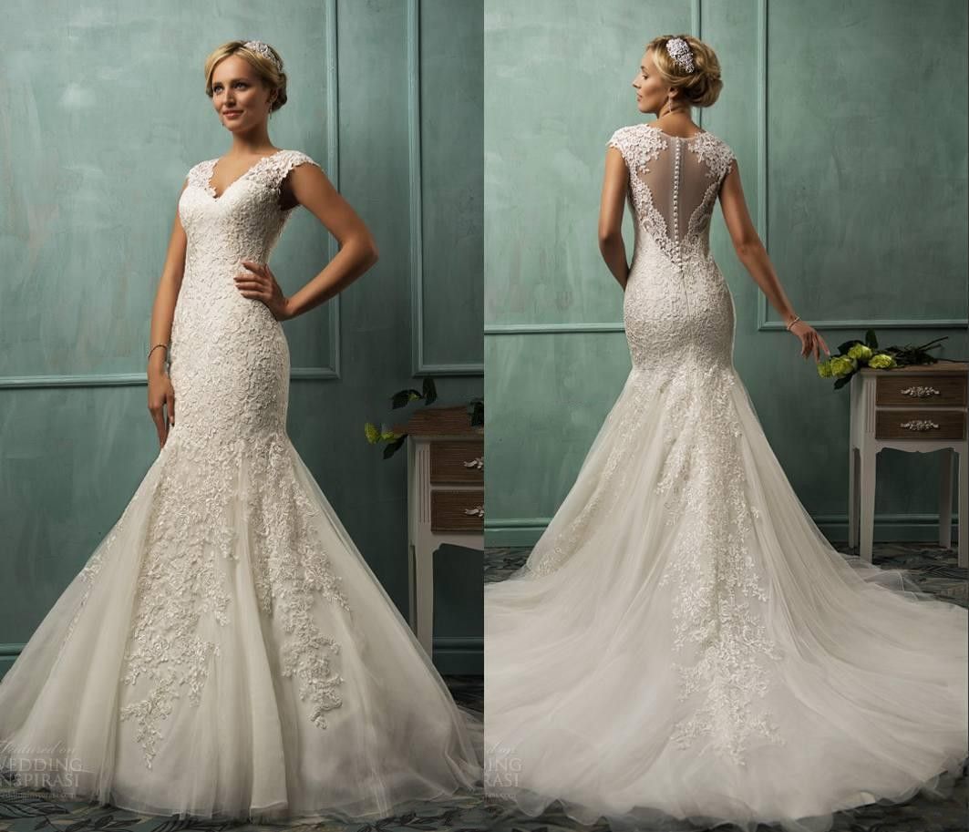 2016 amelia sposa v neck cap sleeve mermaid wedding gowns lace tulle