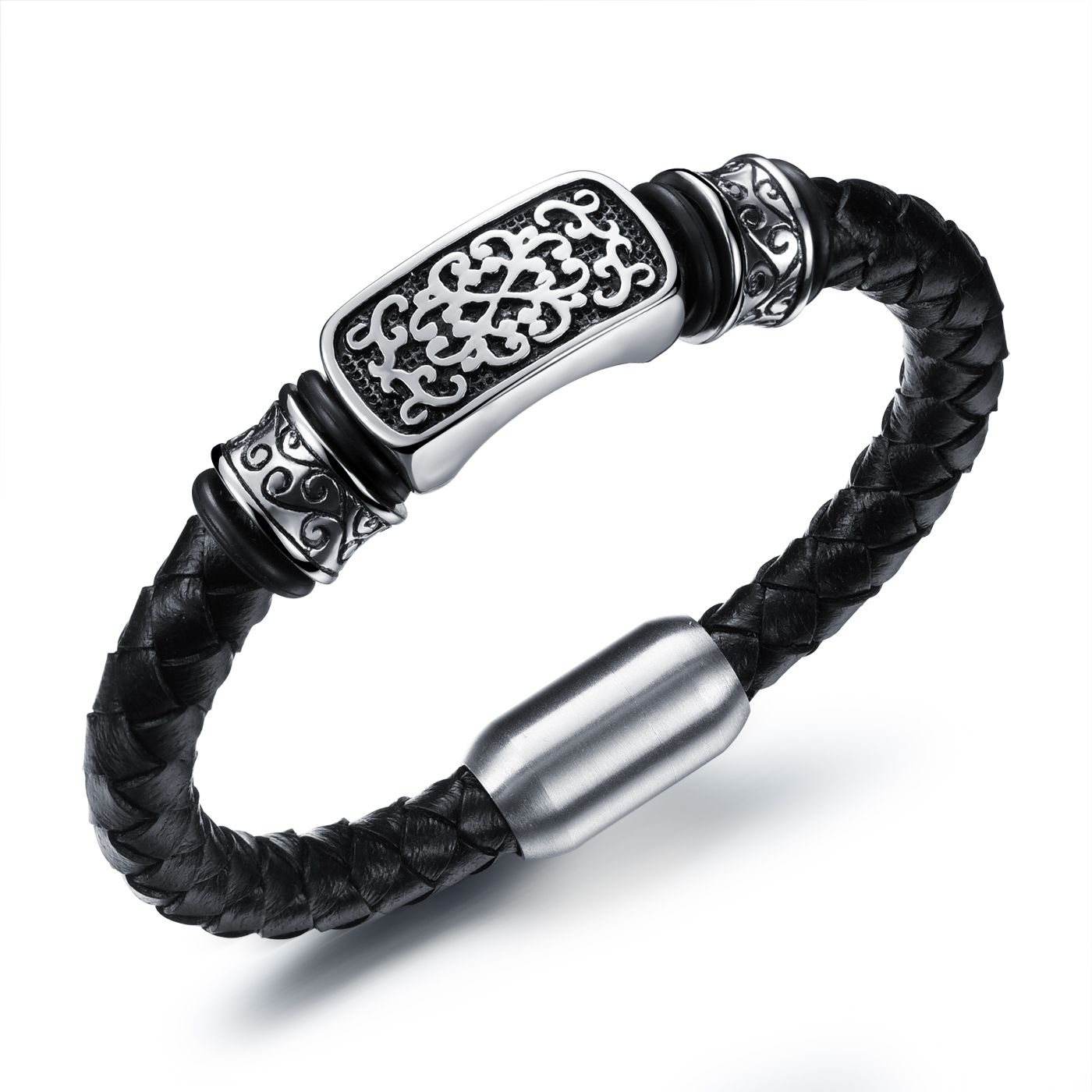 Hand Stamped Personalized Mens Braided Leather Spiral Bracelet With