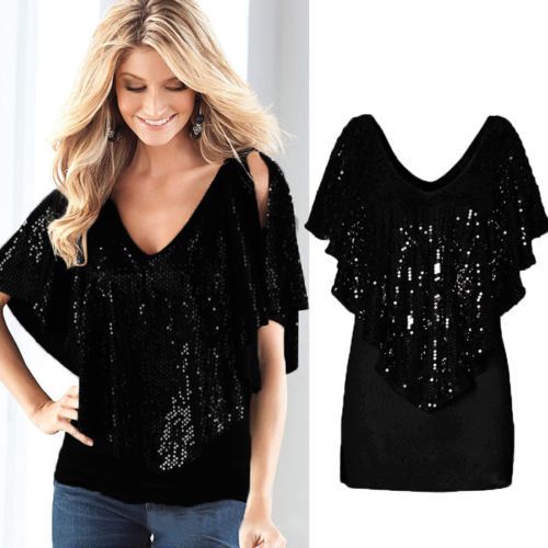 Black sparkly v neck top Clearance