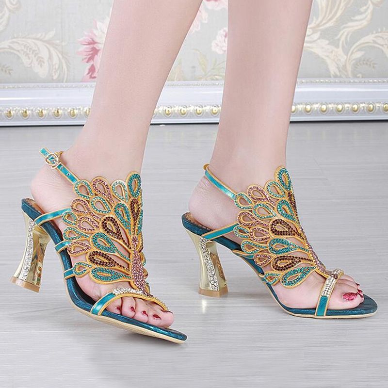 Gold Blue Summer Sandals Rhinestone Chunky Heel Genuine Leather Sexy Wedding Shoes Prom Evening Party Dress Shoes 3 Inches Heels Bridal Wedge Shoes Shoes Boots From Partyprom 72 62 Dhgate Com