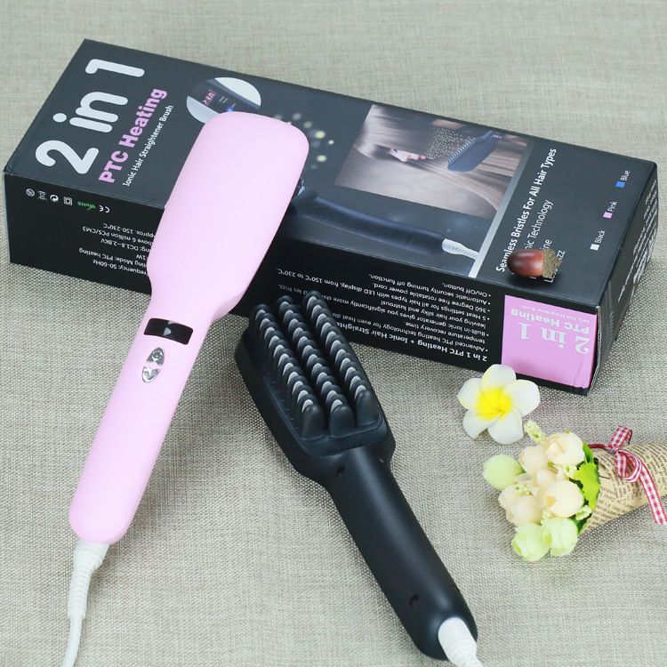 2 in 1 ptc heating ionic hair straightener brush
