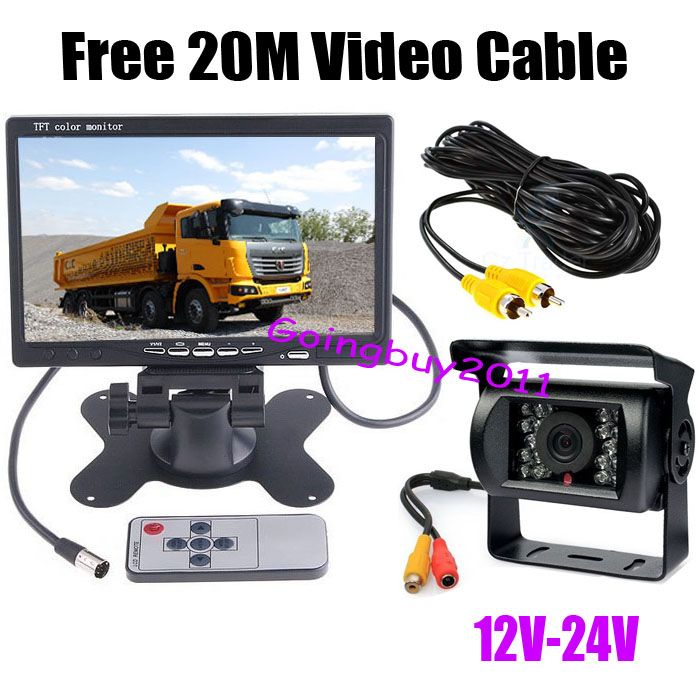 18LED Car Rear View Reverse Camera 7/" LCD Monitor Kit For 20M Bus Truck 12-24V