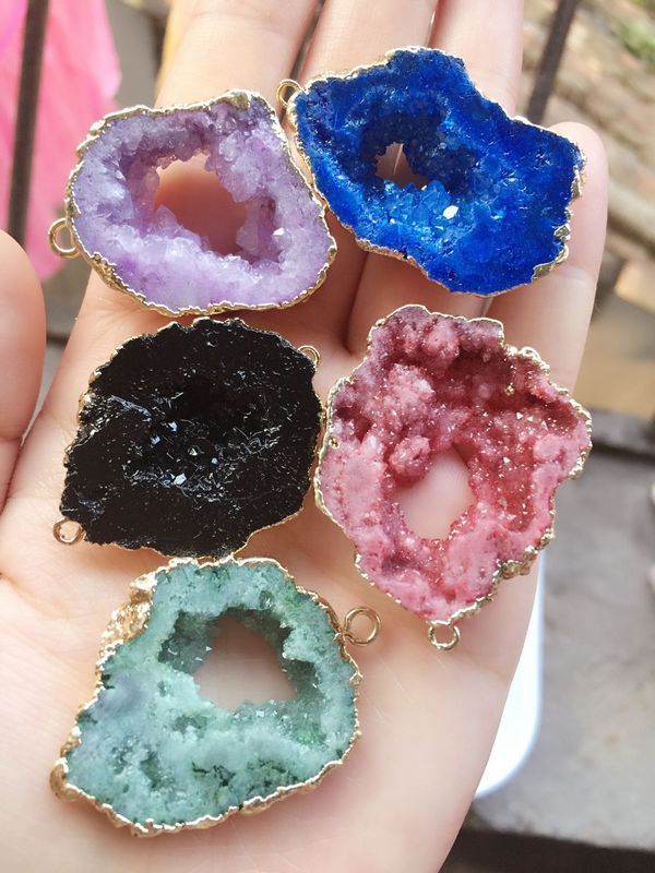 Free shipping 6pcs Gold plated Mixed color Nature Quartz Druzy Geode connector,Drusy Crystal Gem stone Pendant Beads, Jewelry findings