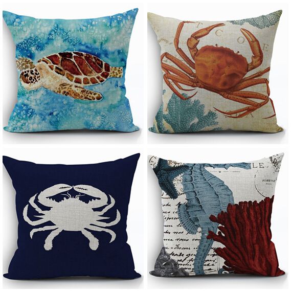 Sea Life Marine Cushion Cover Turtle Throw Pillow Case Ocean Crab