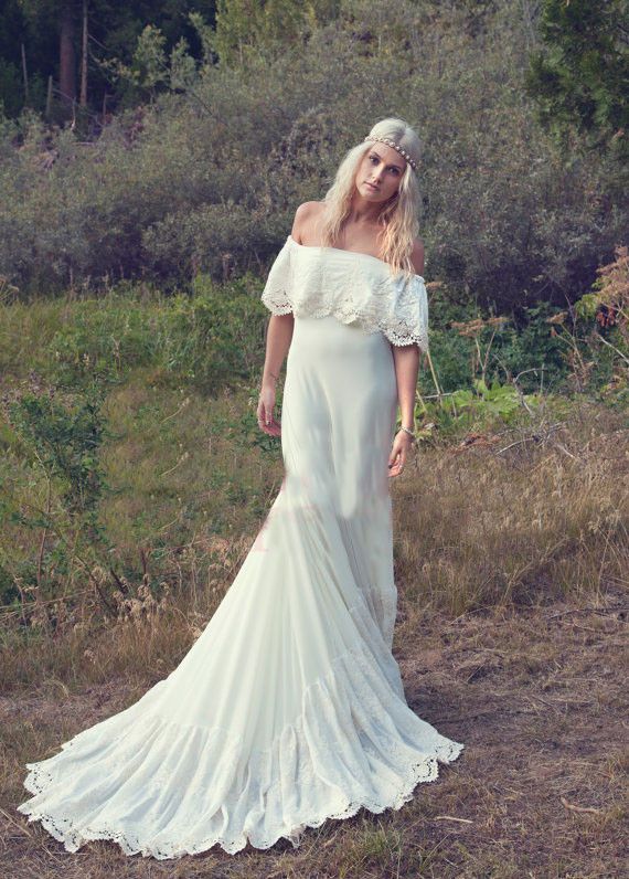 off the shoulder hippie wedding dress