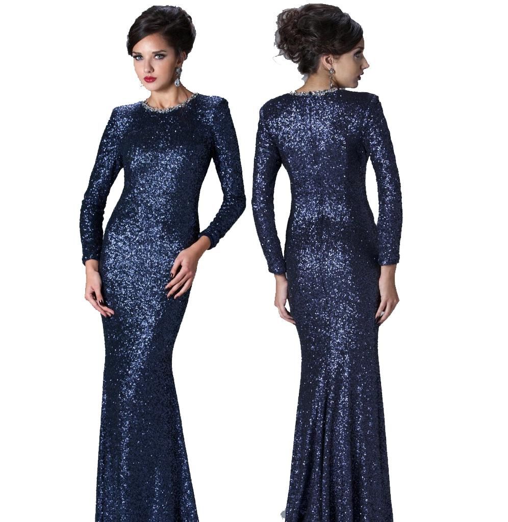 long sleeve navy blue sequin dress