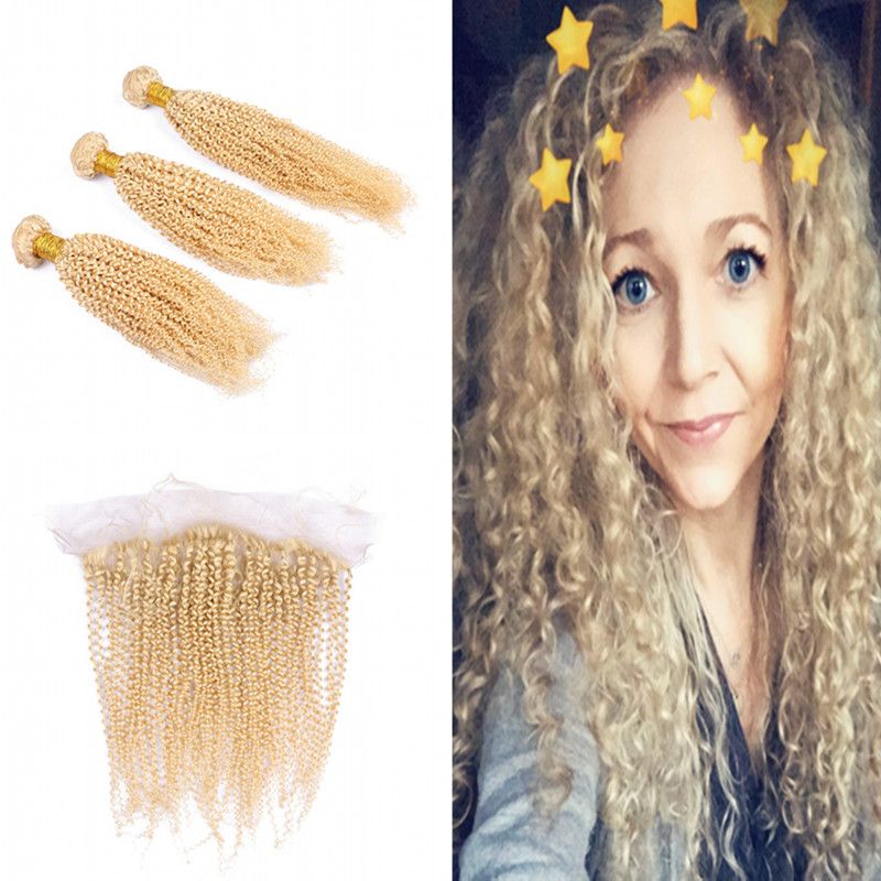 Lightest Blonde 613 Kinky Curly Hair Weaves With Frontal Afro
