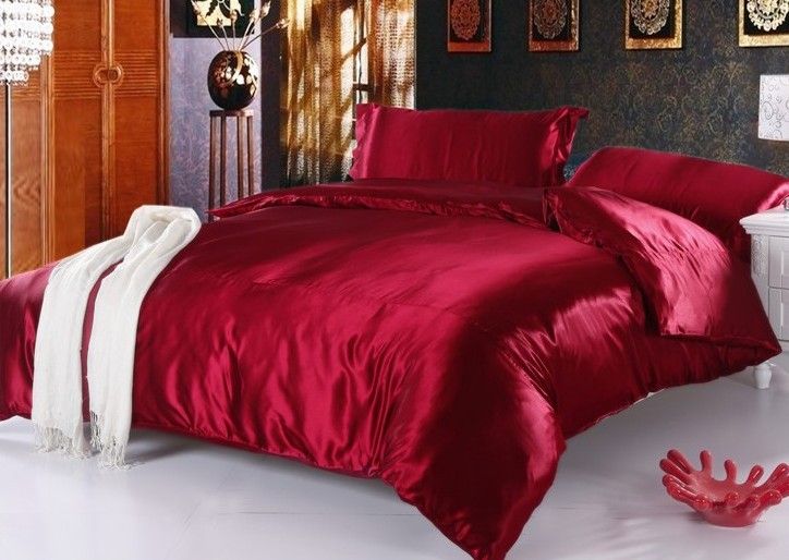 Wine Red Silk Bedding Set Satin Sheets California King Queen Full