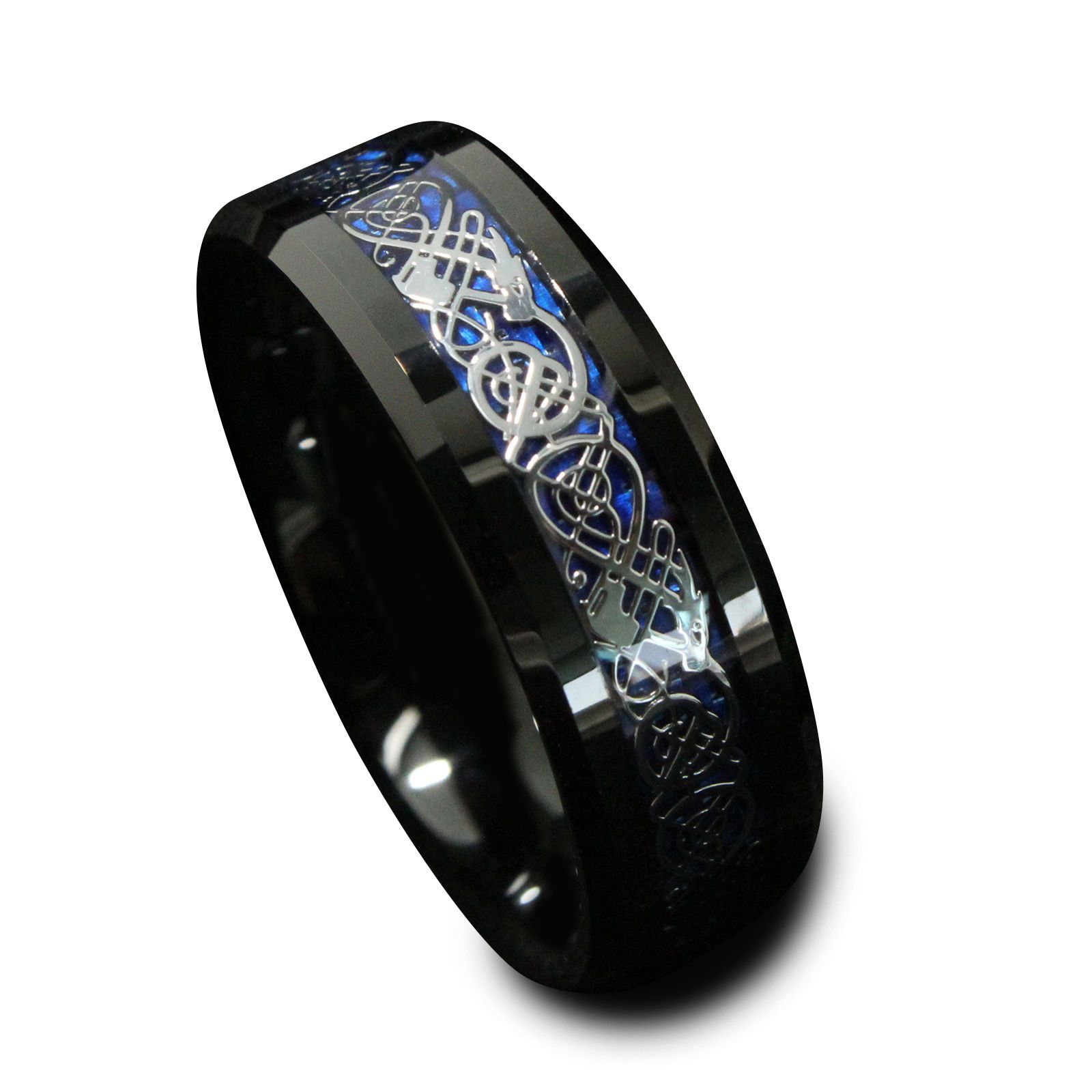 CLOSEOUT 8mm Black Tungsten Men's Ring Blue Carbon Fiber White Dragon Band 