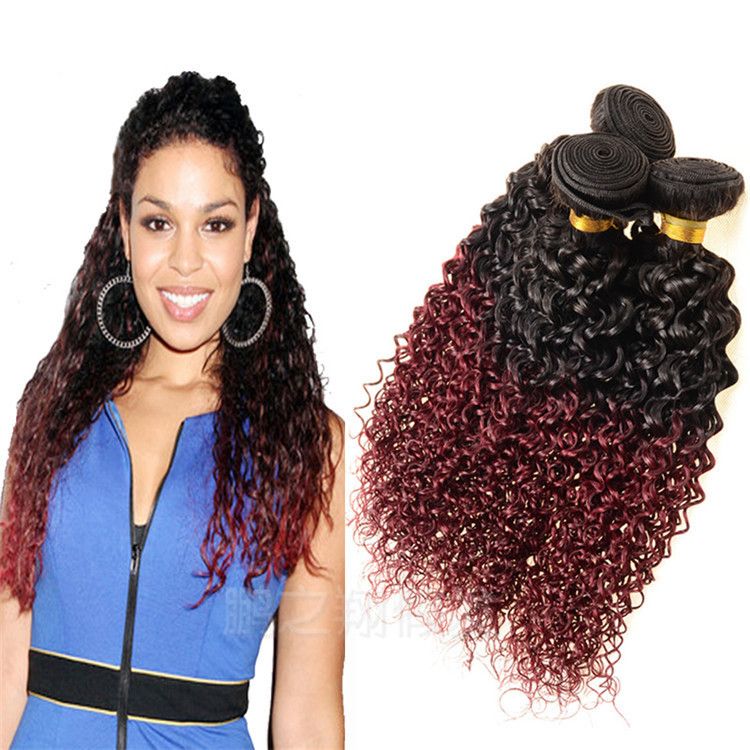 Ombre Hair Weave Extension Burgundy Brazilian Kinky Curly Virgin