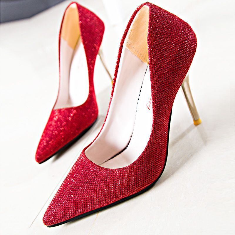 REAL PHOTO Gold Glitter High Heels Pumps Shoes Red Bottom Pointed Toe Evening Prom Bridal ...