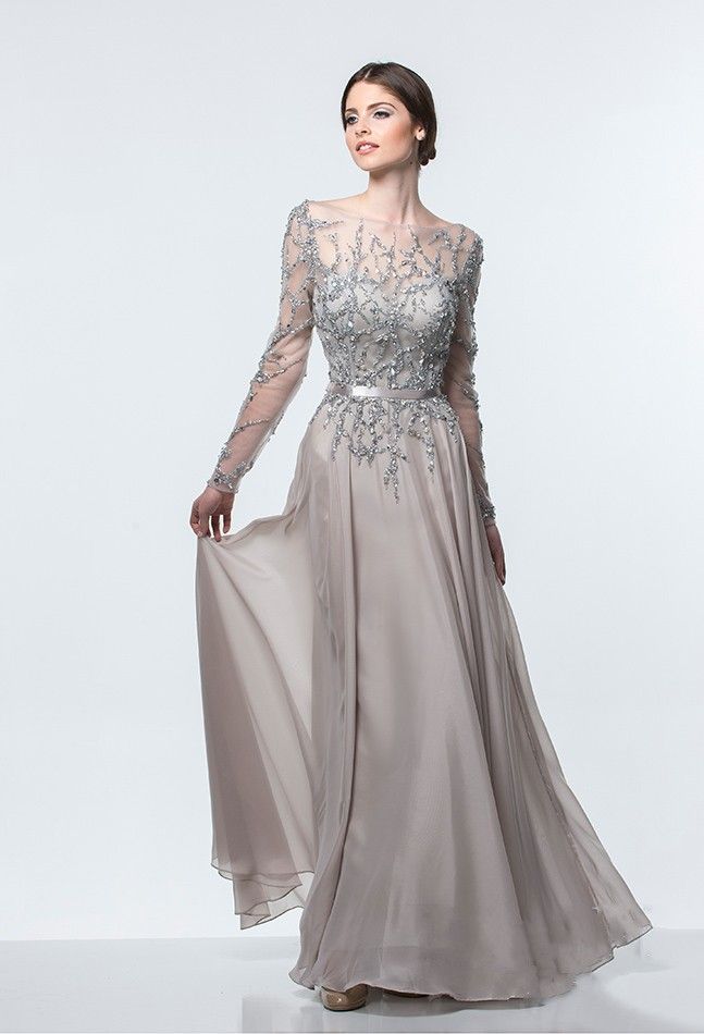 silver evening dresses with sleeves