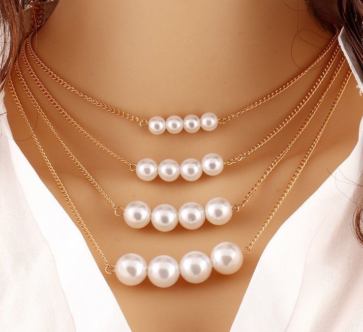 chunky Pearl layered multi layered choker collar gold chain necklace