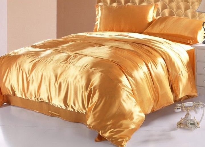 Silk Gold Bedding Set Satin Sheets, Yellow California King Bedspread