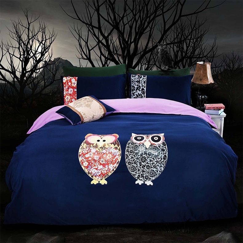 Wholesale Dark Blue Owl Comforter Queen Twin King Size Korean
