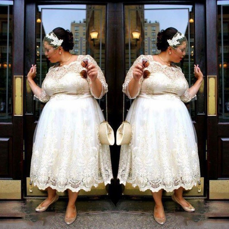 Spitze Plus Size Short Brautkleider 2018 Tee Länge Eine Linie Brautkleider Illusion Long Sleeves Frauen Hochzeit Vestidos Nach Maß Billig